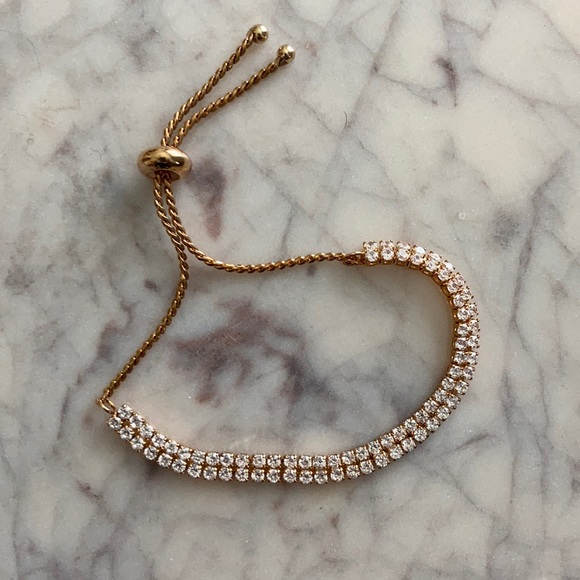 Gold and Cubic Zirconia Double Rows Bolo Bracelet - Picture 2 of 5